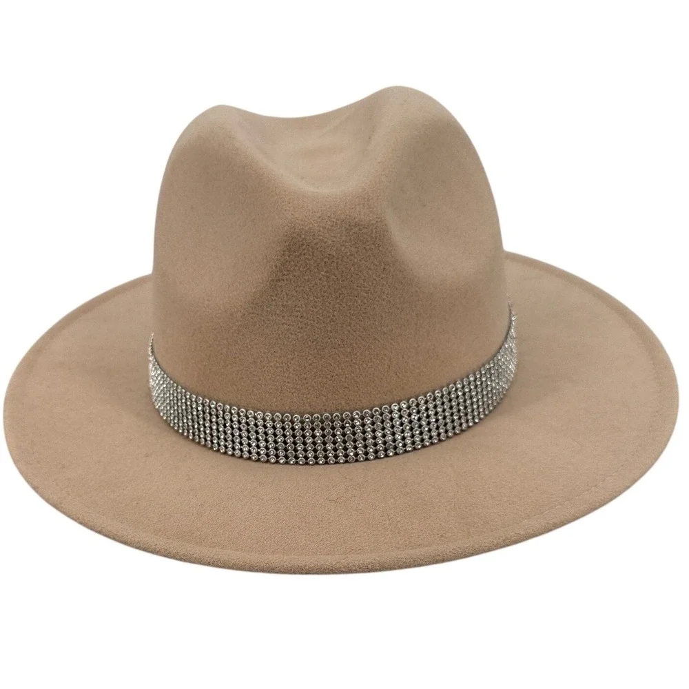 Altar'd State Tan‎ Beige Rhinestone Band Wide Brim Fedora Hat One Size Boho